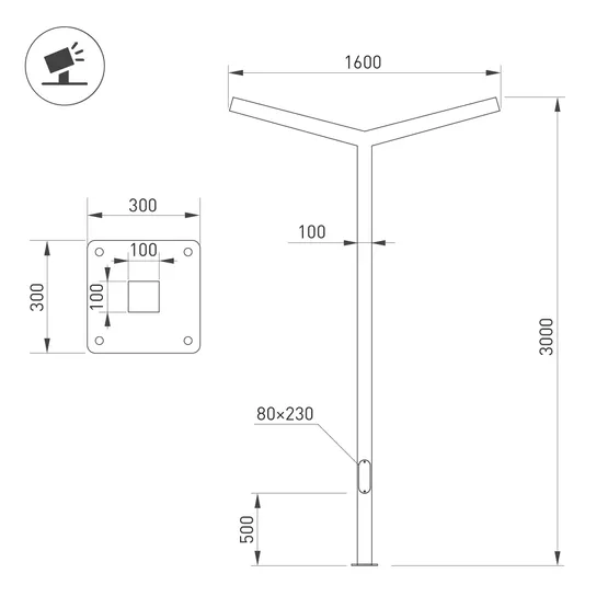 Фото #2 товара Опора OXOR-STER-Y-2000x100x100-L3000-100W Warm3000 (BK, 230V) IP65 (Arlight, Сталь)