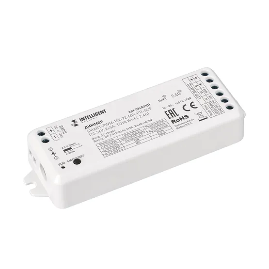 Фото товара INTELLIGENT ARLIGHT Диммер SMART-PWM-102-72-MIX-PD-SUF (12-36V, 2x5A, TUYA Wi-Fi, 2.4G) (IARL, IP20 Пластик, 5 лет)